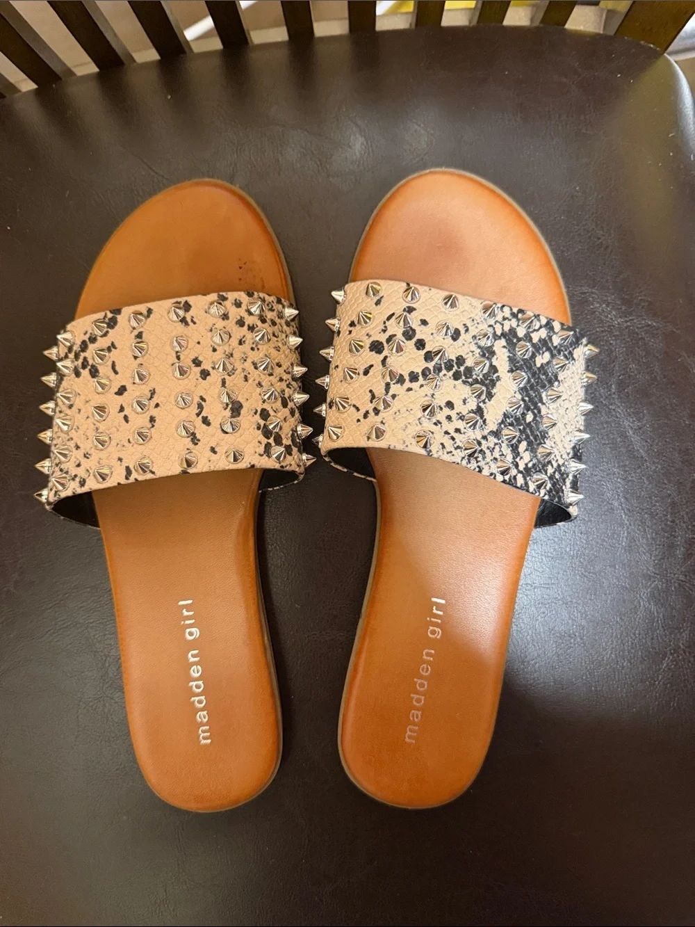 Madden Girl Tan Snake-Print Slide Sandals with Silver Studs